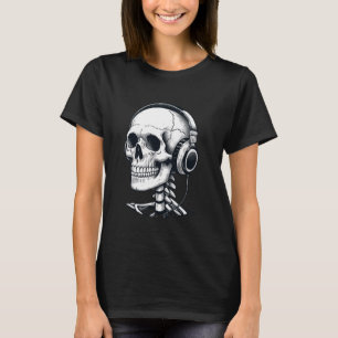 スケルトンDJヘッドフォン不気味スカルミュージシャンハロ Tシャツ
