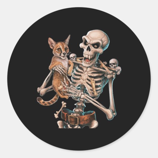 スケルトンHolding A Catスカル子猫ハロウィーンメンズW ラウンドシール (正面)