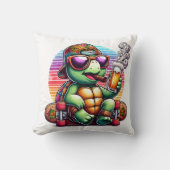 スケークールボードで飲み物を楽しむ亀 クッション (正面)