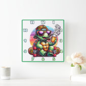 スケークールボードで飲み物を楽しむ亀 スクエア壁時計 (ホーム)