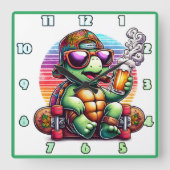 スケークールボードで飲み物を楽しむ亀 スクエア壁時計 (正面)