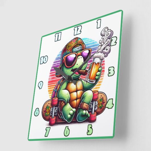 スケークールボードで飲み物を楽しむ亀 スクエア壁時計 (傾斜)