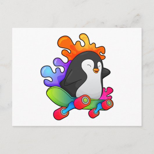 スケーターとしてスケートボードに乗るペンギン ポストカード (正面)