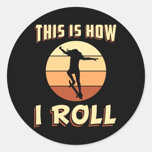 スケーターガールSk8スケートボードスケートで滑るレトロギフトアイディア ラウンドシール (正面)