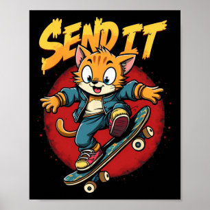 スケーターキャットセンドイットスラング面白いレトロスケートボード ポスター