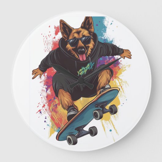 スケーターシェパード スケボー犬 クール ラージ壁時計 (正面)