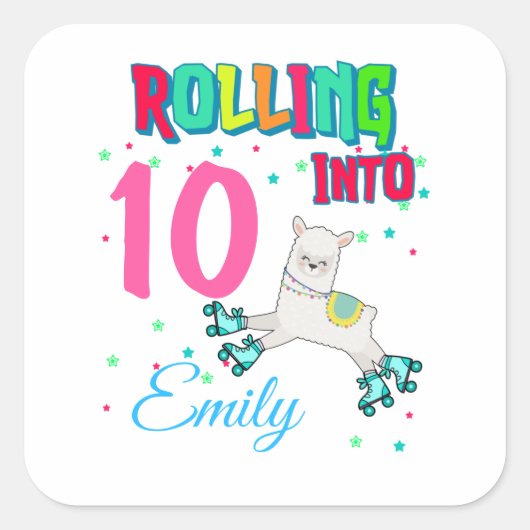 スケータースケートで滑るラマガールバースデーパーティカスタムー スクエアシール (正面)