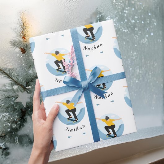 スケータースケートボードシルエット&キッズボーイネーム ラッピングペーパー