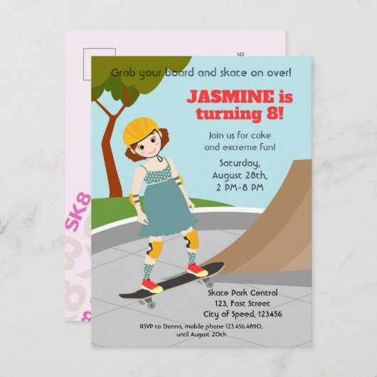 スケーターパークおもしろいガールバースデーパーティー インビテーションポストカード (正面/裏面)