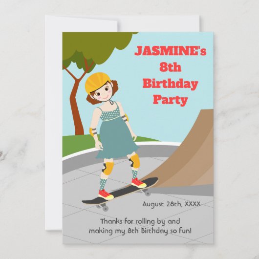 スケーターパークおもしろいガールバースデーパーティー サンキューカード (正面)