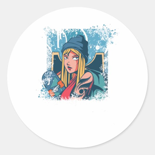 スケーター女子アニメスケートボード女性ギフト ラウンドシール (正面)