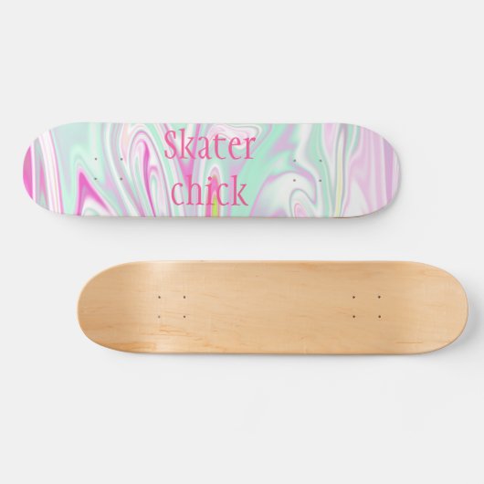 スケーター・シック |ティール（緑がかった色）とピンクの大理石のパターンの女の子 スケートボード (横)