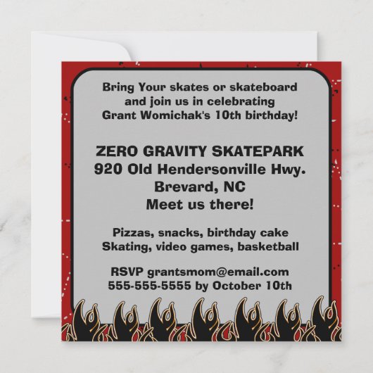 スケーター・デュード誕生日パーティーの招待状 招待状 (裏面)