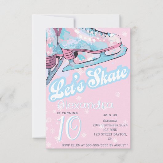 「スケートしよう」姿アイススケートで滑る誕生日パーティー 招待状 (正面)