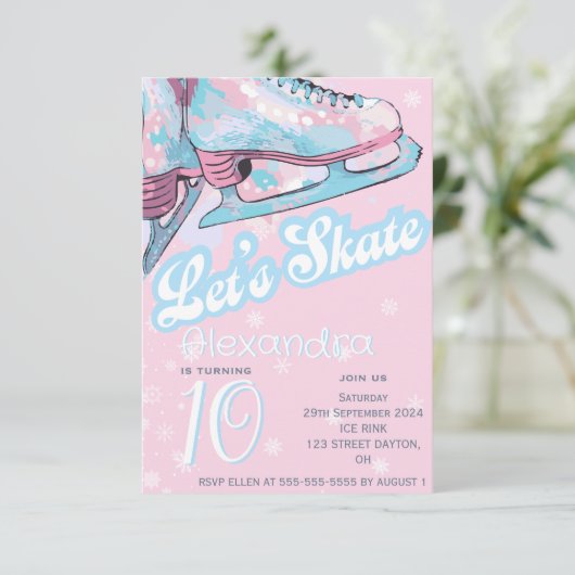 「スケートしよう」姿アイススケートで滑る誕生日パーティー 招待状 (スタンド正面)