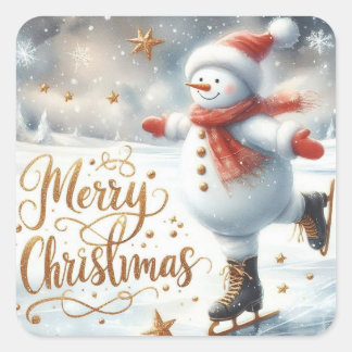 スケートする雪だるま メリークリスマス スクエアシール