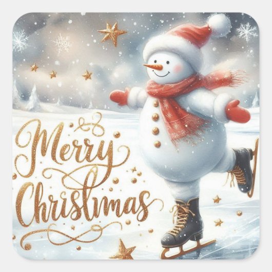 スケートする雪だるま メリークリスマス スクエアシール (正面)