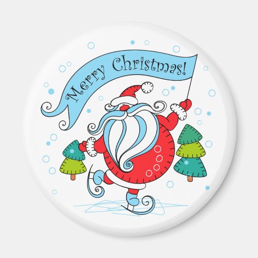 スケートで滑るお洒落サンタクロース |メリークリスマス マグネット (正面)