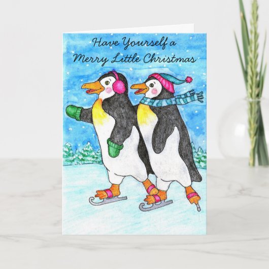 スケートで滑るのペンギンのクリスマスカード シーズンカード (正面)