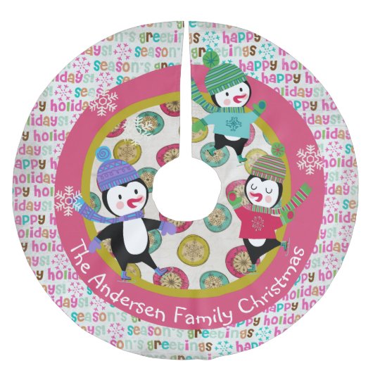 スケートで滑るのペンギンのパーソナライズな休日の木のスカート4 ブラッシュドポリエステルツリースカート (正面)