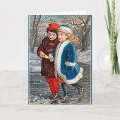 スケートで滑るインアウィンターポンドヴィンテージホリデーカード カード (正面)