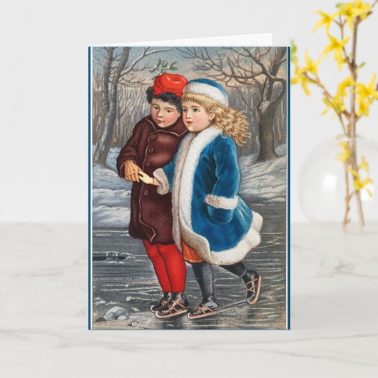 スケートで滑るインアウィンターポンドヴィンテージホリデーカード カード (黄色い花)