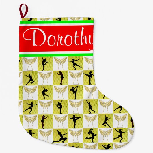 スケートで滑るエンジェルパーソナライズされたクリスマスストッキング ラージクリスマスストッキング (正面)