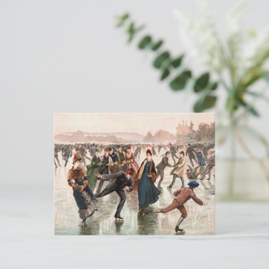 スケートで滑るオンアイスヴィンテージイラストレーション ポストカード (スタンド正面)