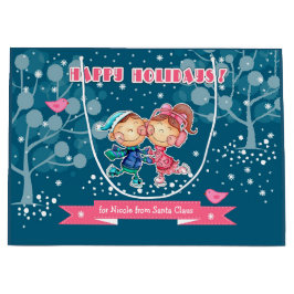 スケートで滑るキッズ |クリスマス名前をカスタムする ラージペーパーバッグ