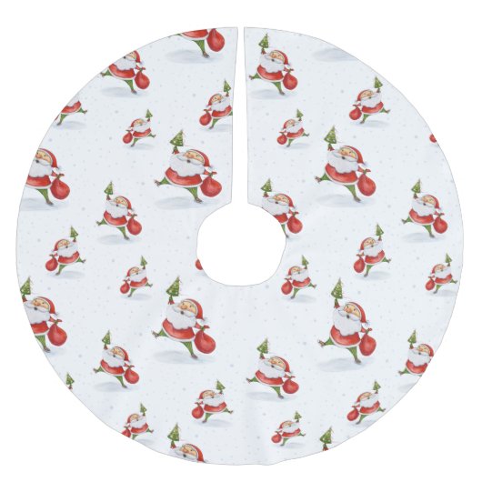 スケートで滑るサンタかわいいクリスマスの水の色パターン ブラッシュドポリエステルツリースカート (正面)