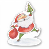スケートで滑るサンタキュートクリスマスウォーターカラースケッチ シール (正面)