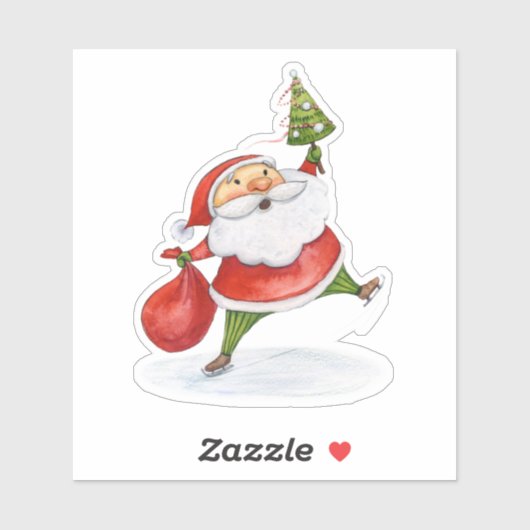 スケートで滑るサンタキュートクリスマスウォーターカラースケッチ シール (シート)