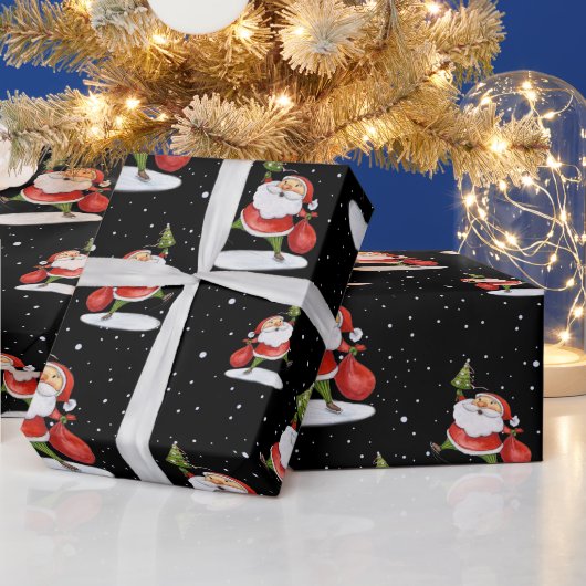 スケートで滑るサンタキュートクリスマスウォーターカラースケッチ ラッピングペーパー (クリスマス)