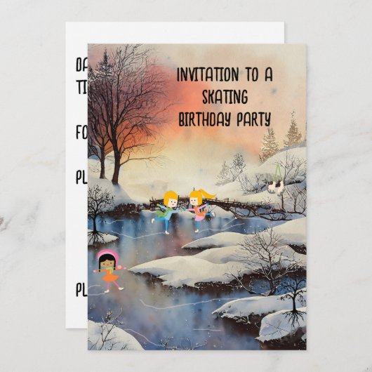スケートで滑るバースデーパーティー招待状 子供へ 招待状 (正面/裏面)