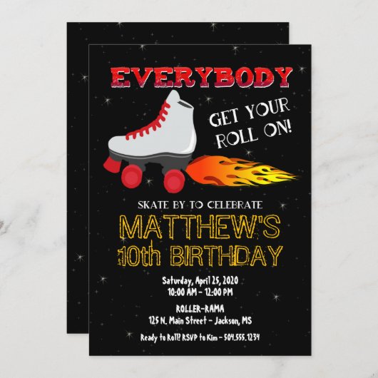 スケートで滑るパーティの招待状、ローラスケート招待状 招待状 (正面/裏面)