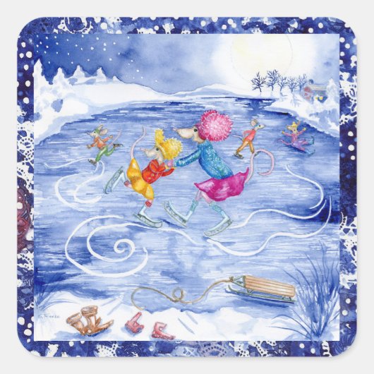 "スケートで滑るパーティー"ホリデースタンプ スクエアシール (正面)