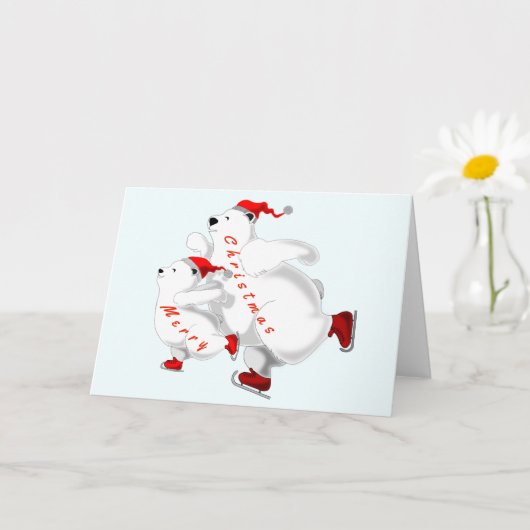 スケートで滑るファミリーベアークリスマスカード カード (小さな植物)