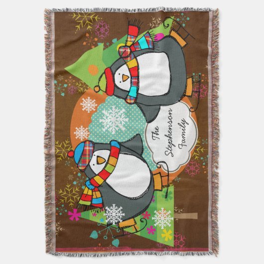 スケートで滑るペンギンとクリスマスツリーズホリデースロー スローブランケット (正面縦)