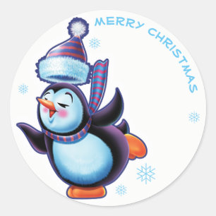 スケートで滑るペンギンのクリスマスラベル ラウンドシール