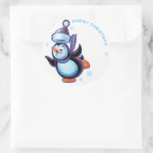 スケートで滑るペンギンのクリスマスラベル ラウンドシール (バッグ)