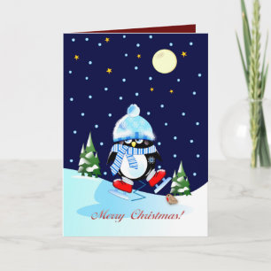 スケートで滑るペンギンカスタムクリスマス文字 シーズンカード
