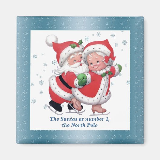 スケートで滑る雪だるま及びスノーウーマンマグネット マグネット (正面)