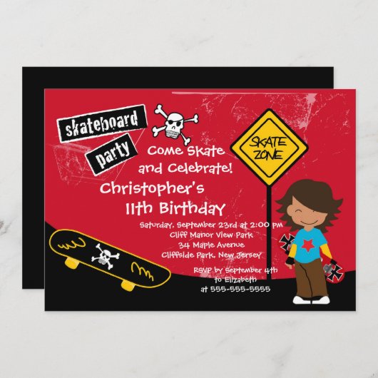 スケートのスケートボードのパーティーの誕生日の招待状 招待状 (正面/裏面)
