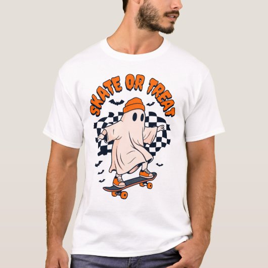スケートまたはトリート幽霊ハロウィーン Tシャツ (正面)