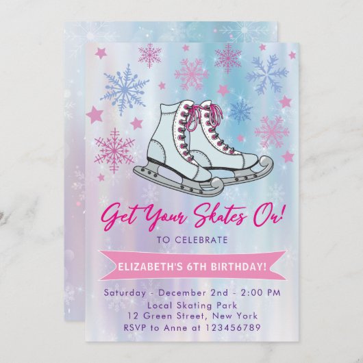 スケートを氷上でスケートで滑るパーティー 招待状 (正面/裏面)