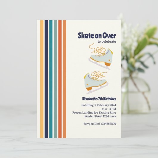 スケートオンオーバーアイススケートで滑るレトロ誕生日 招待状 (スタンド正面)