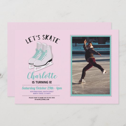 スケートガールズピンクアイススケートで滑る誕生日写真 招待状 (正面/裏面)