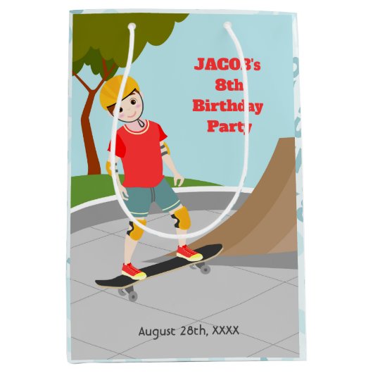 スケートパークおもしろいボーイバースデーパーティー ミディアムペーパーバッグ (正面)