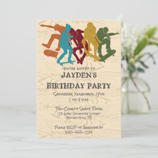 スケートパークスケートボーディング10代のをテーマにしたボーイズ誕生日 招待状 (スタンド正面)