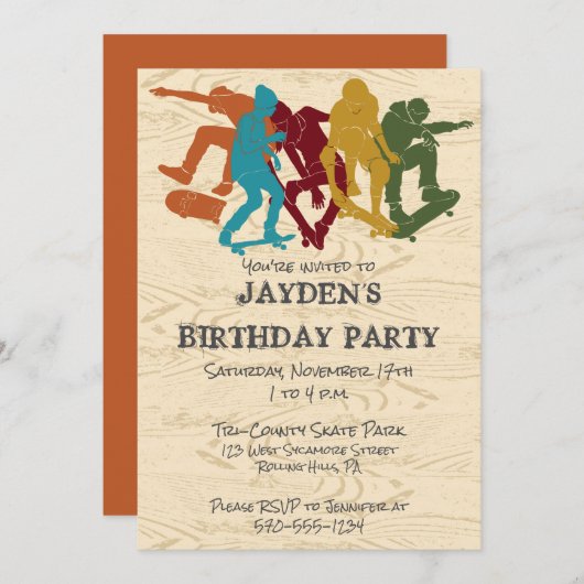 スケートパークスケートボーディング10代のをテーマにしたボーイズ誕生日 招待状 (正面/裏面)